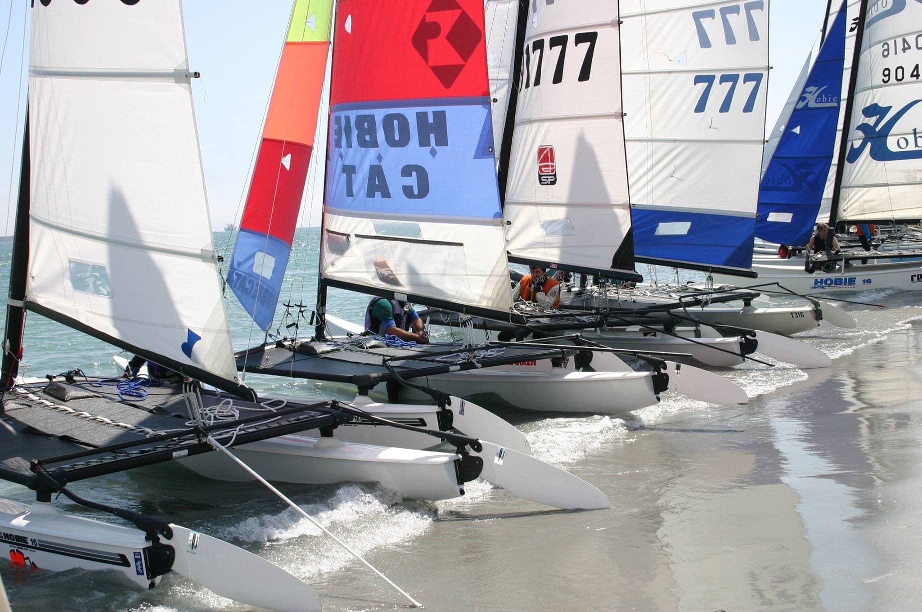 Hobie catamarans lined up at the water's edge, ready to launch