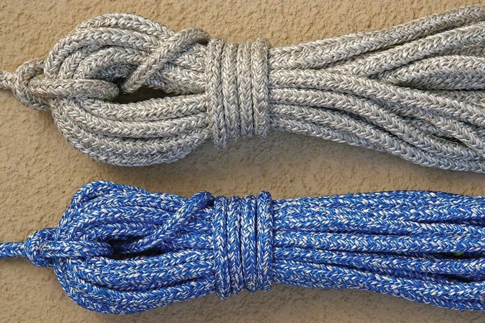 Coils of grey and blue sailing rope